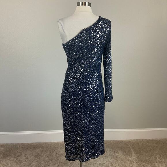 Betsy & Adam Women's Cocktail Dress Size 8 Blue Sequin One Shoulder Midi Sheath - Picture 6 of 14